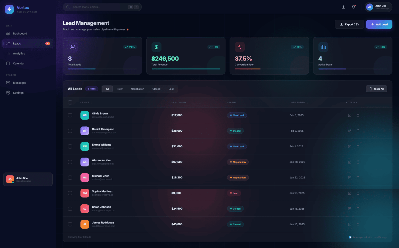 Vortex CRM dashboard